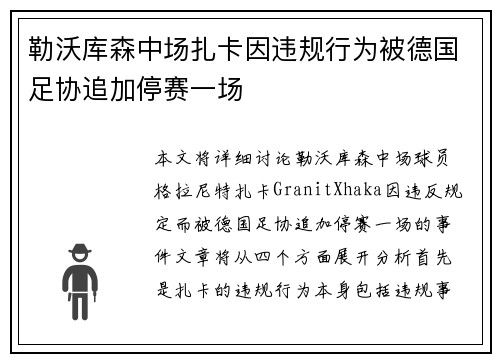 勒沃库森中场扎卡因违规行为被德国足协追加停赛一场